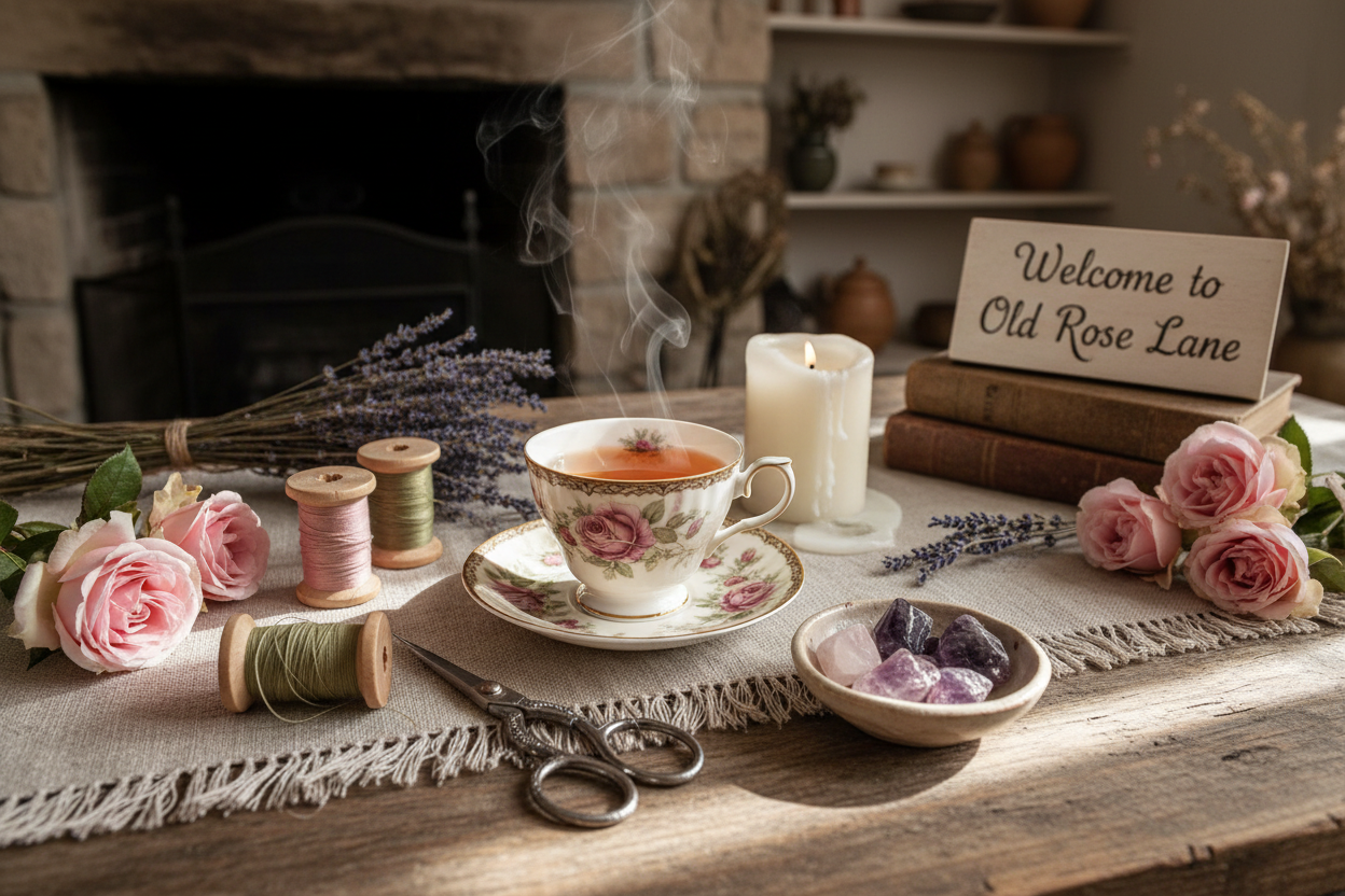 A cute cottage photo for welcome to old rose lane, to have tea, hand sewing items like scissors and thread, a candle, some crystals, lavender or roses